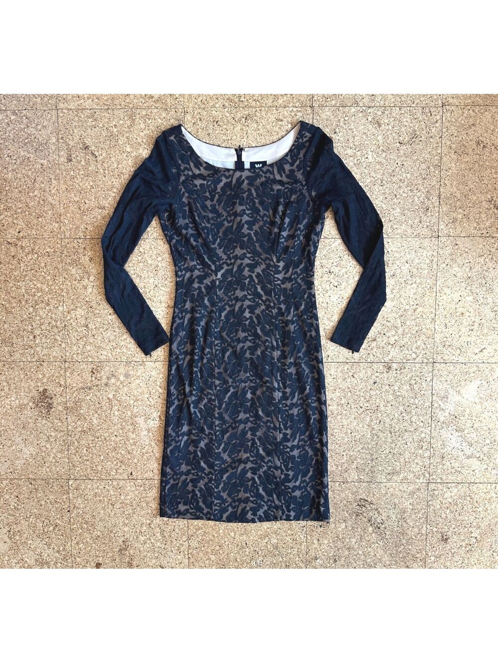 W by Worth Lace Illusion Sheath Dress Sz 0 Black Beige Cocktail Holiday Party LS